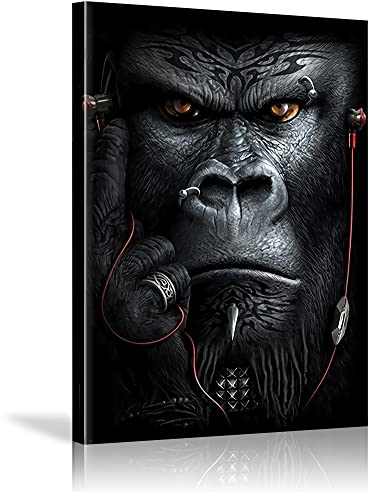 HOLEILUCK Orang-Utan, Affe, Schimpanse, Kopfhörer, Leinwand, Gemälde, Gorilla-Tier, modernes Wandbild, Druck, moderne Dekoration, Poster, 75 x 125 cm (29,5 x 49,2 Zoll) mit Rahmen