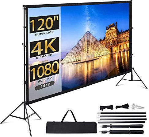 Towallmark Projector Screen with Stand, 120 inch Portable Projection Screen, 16:9 4K HD Rear & Front Projections Movies Screen with Carry Bag, for Indoor Outdoor Home Theater Backyard Camping
