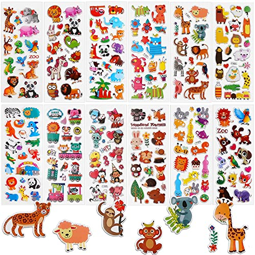 3D Aufkleber Kinder 12 Blätter, Geschwolle Cartoon Tier Sticker für kinder & Kleinkinder,Niedliche 3D Waldtiere Stickers für Jungen Mädchen Belohnungssticker Kindergeburtstag Gastgeschenke Mitgebsel