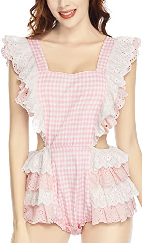 CutiePlusU Damen Karierter Spitze Overall Romper Rosa M