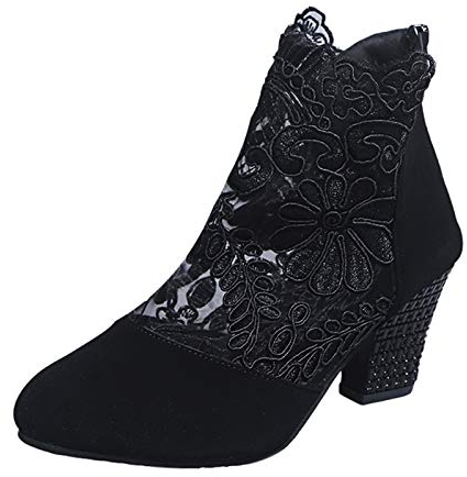 Sandalen Damen mit Absatz Weiß Sandalen Damen Spitze Pumps Schuhe Blockabsatz Stiefeletten Runder Spitze Blumenmuster Mesh Hohle Tüll Strass Sommerstiefel Reißverschluss Freizeit Atmungsaktiv Schuh