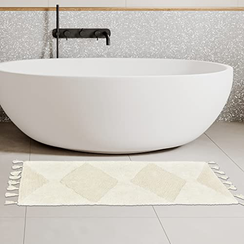 Boho-Badezimmerteppich, Läufer mit Quasten, Baumwolle, handgewebt, böhmische Teppiche mit Teppich, rutschfestes Pad, Boho-Badezimmerdekoration, waschbar, Badteppich, 50.8x127 cm, cremefarben