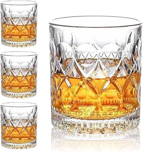 Set di 4 bicchieri da whisky, da 10 once, per bere Scotch Bourbon Whiskey Cocktail Cognac Tequila Rum, regalo per uomini e donne (Coppa da vino intagliata (set di 4))