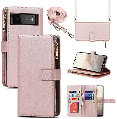 CAVOR Handykette Google Pixel 6 Hülle Mit Band,Flip Leder Geldbörse Handyhülle,[Mit 9 Kartenfach][Reißverschluss],Schutzhülle Klapphülle Handyhülle für Google Pixel 6 - Roségold