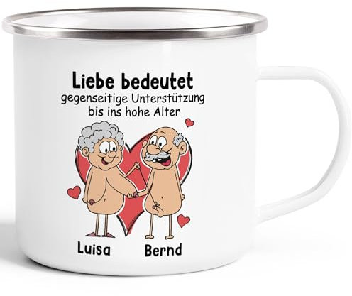 Moonworks® Emaille-Tasse lustig Liebe bedeutet Unterstützung bis in hohe Alter Mann Frau Nackt personalisiert mit Namen emaille-weiß-silber standard