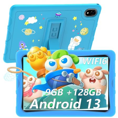 DOOGEE U10 Kid Tablette Enfants 10.1 Pouces IPS HD, Tablettes Tactiles Quad Core Android 13, avec WiFi6, 9 Go +128 Go/TF 1To, GMS, Matériau en Silicone Alimentaire, Widevine L1 TUV (Bleu)