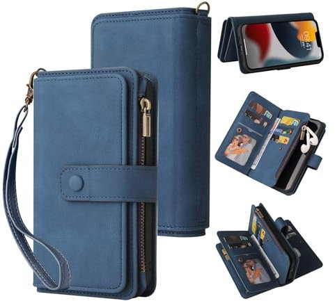 Belzsxy Handyhülle für OnePlus 9 Pro Hülle,Flip Case Lederhülle Reißverschluss Magnetverschluss Brieftasche mit 15 Kartenfächern Standfuntion Retro Ledertasche-Blau