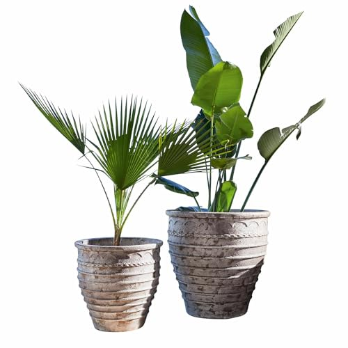 Loberon Ettrick Lot de 2 pots de fleurs, avec touche nostalgique, discrètement décorés, finition antique élégante, accessoires de jardin, extérieur, argile, marron antique