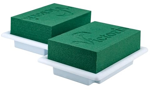 Creativery Nass Steckschaum Ziegel 11x7x5cm 2er Set mit Schale - für Profi Floristen & Hobby Bastler - Frischblumen Steckschwamm - Blumen Steckmasse - Floristik Zubehör & Floristikbedarf - Grün Weiß