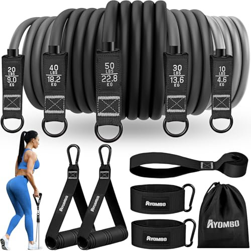 Ayombo Resistance Bands, Exercise Bands with Handles, Resistance Bands for Working Out with Door Anchor Ankle Straps, Heavy Resistance Training, Physical Therapy, Yoga, Home Gym Workout Equipment Set