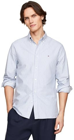 Tommy Hilfiger Long Sleeve Oxford Regular Fit, Men's Button Down Shirts, Also Available in Big and Tall, Shirt Blue/White, Medium