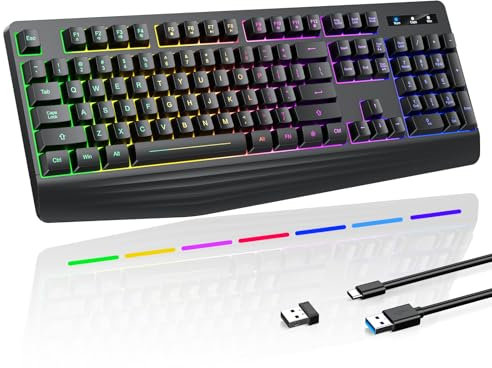 Wireless Gaming Keyboard, RGB & Single-Color Backlit, Full-Size Waterproof Keyboard, Silent Keys, Wrist Rest, Sleep Mode, Rechargeable Wireless Keyboard