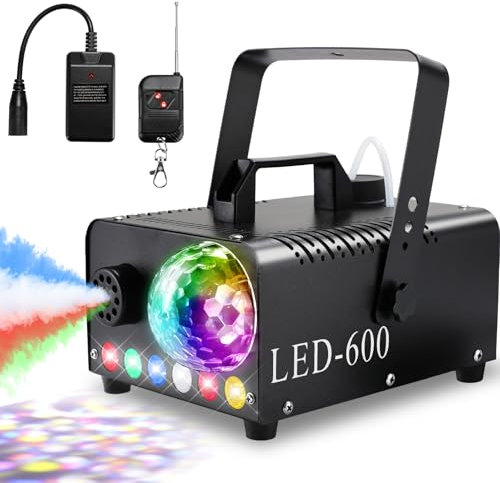 Machine à Fumée avec Boule Disco, 6 LED RGB, 600W 5000 CFM Fumée Halloween, avec Fonction Auto-Spray, DJ Light, Machine à Brouillard, Idéale pour Halloween, Noël, Mariages et Fêtes