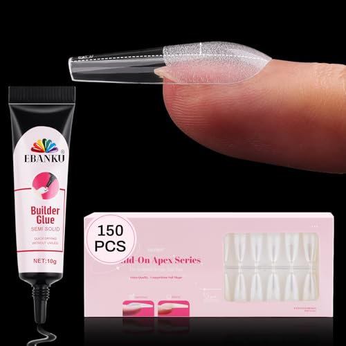 EBANKU Build on Apex Long Coffin Nail Tips 450PCS, Pre-Building & Pre-Shaped Glamorous Full Cover Soft Gel Clear Tips for Extension Fake Nails Manicure 15 Sizes with Builder Glue
