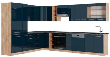 Vicco Einbauküche Fame-Line, Dunkelblau Hochglanz/Eiche, 347 x 257 cm | 16 Module · Höhenverstellbare Füße · AP Anthrazit inkl. · MDF-Fronten · Softclose · Metallgriffe