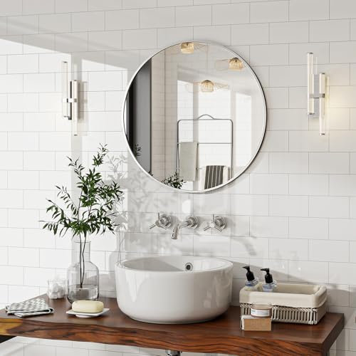 BEAUTYPEAK 50cm Runder Spiegel in Silber, Bruchsicherer Wandspiegel mit Aluminiumrahmen, Badezimmer Spiegel zum Aufhängen und Anlehnen, Rund Wandspiegel für Schlafzimmer, Bad, Wohnzimmer
