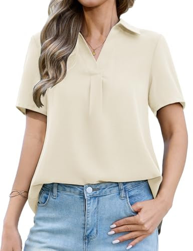 UMIPUBO Womens Blouse Summer Short Sleeve V Neck Basic Tops Cap Sleeve Ladies Tees Shirts Solid Color Blouses Casual (Beige, L)
