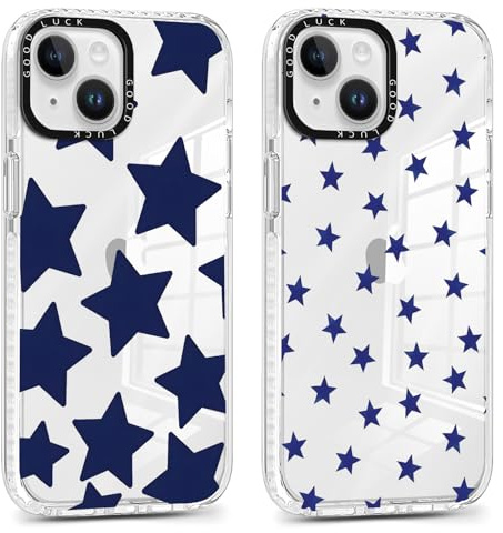 Foonary 2 Pack Transparent Blue Star Print Phone Case for iPhone 13 Mini 5.4,Soft Silicone with Fashion Design Aesthetics Clear Pattern Cases, Shockproof Bumper Protector Girls Women Cover