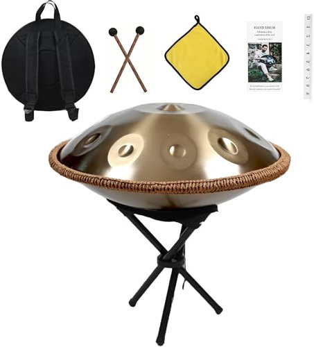 Handpan 440 Hz, 9 Töne 18 Zoll Steel Instrument, Handpan Drum Gold in D Minor Zungentrommel mit Weicher Tasche, Schlägeln, Handtrommelständer (Gold, 9 Töne 18 Zoll)