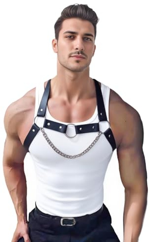Men's PU Leather Chest Harness Belt with Chain, Adjustable Neck Harness Belt for Men, Male Punk Chest Shoulder Harness for Punk Cosplay, Muscle Show Clubwear Nightclub Stage Party Outfits X025