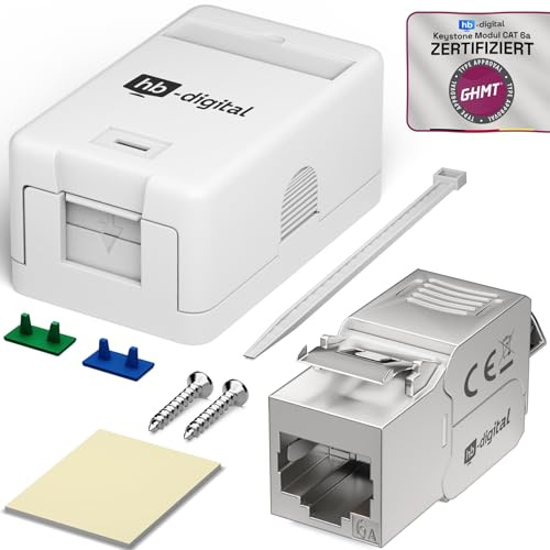HB-DIGITAL Boîte de connexion 1 port avec module Keystone CAT 6a – Prise de réseau en saillie avec module blindé pré-assemblé – Prise LAN RJ45 pour 10 Gigabit Ethernet - Blanc