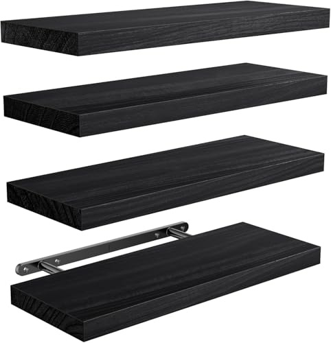 Pipishell Wandregal 40 cm, Paulownia-Holz, 4er-Set Schweberegal, Schwarz | Regal Wand mit stabilen verdeckten Metallhalterungen, je Brett bis 10 kg, für Bad, Schlaf-, Arbeits-, Wohn- und Küchenbereich