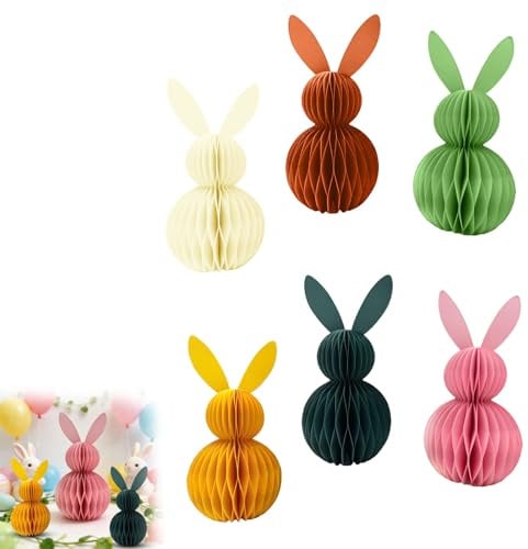 6 Stücks Osterdeko Hase Wabenbälle, Osterhase Papier Faltbar, Wabenhase aus Seidenpapier, Osterhasen für Innen, Wiederverwendbar Ostern Osterschmuck (A)