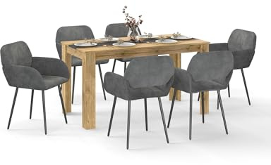 Xinyvee Juego de mesa de comedor con 6 sillas, aspecto de madera, mesa de comedor de 140 x 70 cm, mesa de cocina con sillas, juego de 6 sillas para comedor, muebles de comedor