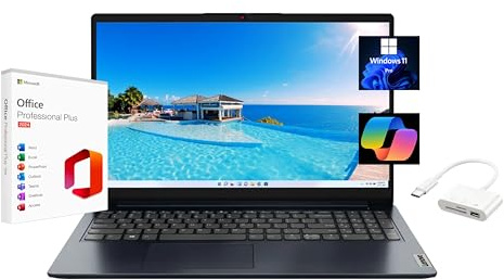 Lenovo IdeaPad 1 15.6 FHD Laptop, with Free Lifetime Microsoft Office 2024, AMD Ryzen 3 7320U, 4GB RAM, 512GB SSD, Windows 11 Pro, Abyss Blue, Wi-Fi 6, with 128GB SD Card & Docking Station