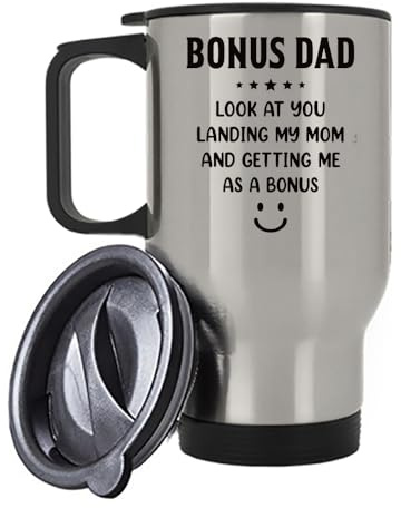 Bonus Dad Mug Funny Gift – Step Dad Gift Mug – “Look At You Landing My Mom” Message – Father’s Day, Birthday Gift for Stepdad, Insulated Travel Mug, Coffee Mug. (Silver)