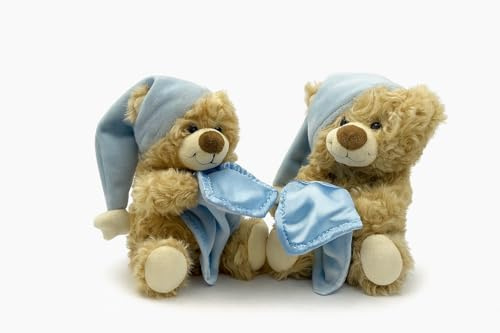 Kuscheltier Teddybär mit Schlafmütze 20 cm – Niedliches Plüschtier Teddy weich, Stofftier im Schlaf-Design – Geschenk für Kinder (Blau+Blau)
