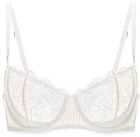 DOBREVA Women's Lace Balconette Bra Half Cup Non Padded Push Up Underwire Sheer Bras Ivory 34DD