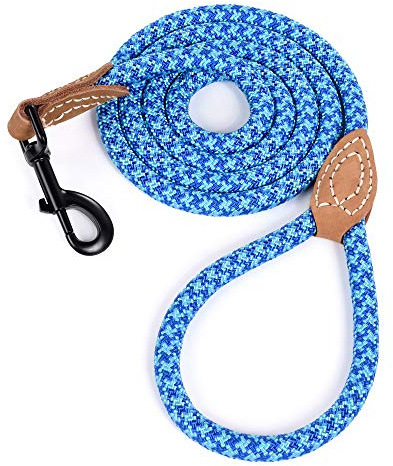 Mile High Life Rope Leash with Genuine Leather Connection, 6 FT/5 FT/4 FT, Heavy Duty Leash for Medium & Large Dogs(Sky Blue,72 Inch-1/2)
