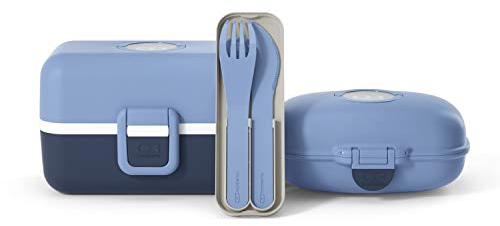 monbento - Set Lunch Box Enfant avec Lunch Box Enfant MB Tresor Infinity avec 3 compartiments, Set Couverts Biodegradables MB Pocket Color Infinity et Boîte à Goûter MB Gram Infinity - Bleu