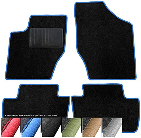 moto-MOLTICO Fußmatten Auto - Velours Autoteppiche passend für Mitsubishi Space Star (1999-2005) - 4-teiliges Set - Schwarze Automatten mit Blauen Ziernähten