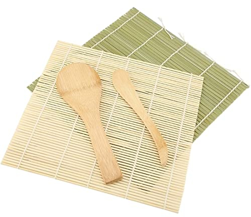 Bambus Sushi Matte Set 4-Tlg - DIY Rollmatte für Anfänger, Selber Machen Zubehör Kit Mit 2 Matten, 1 Reispaddel, 1 Reisstreuer