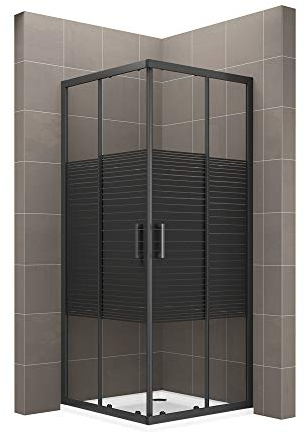 MOG Duschkabine 90x100 cm Höhe: 180 cm mit Schiebetüren Eckdusche mit Rollensystem aus 6 mm schwarz gestreiftes ESG Glas DK67