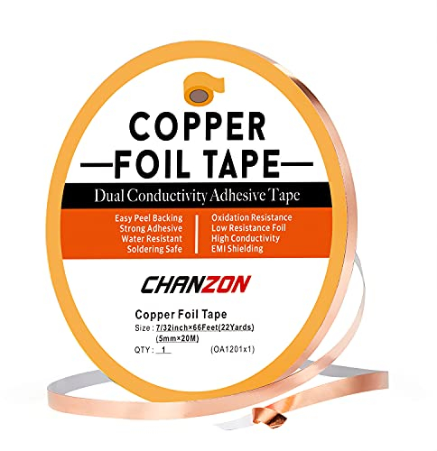 CHANZON Nastro in lamina di rame 5 mm x 20 m piedi Adesivo conduttivo biadesivo per vetro colorato saldatura elettricità artigianato riparazione circuiti di carta schermatura EMI e RF messa a terra