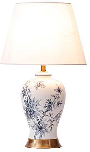 FAZRPIP Chinesische einfache Vase Keramik-Tischlampe Klassisch B Blau und Weiß Porzellan Schlafzimmer Wohnen Mit Stoff Dekorschirm LED E27 Beleuchtung Schreibtischleuchte