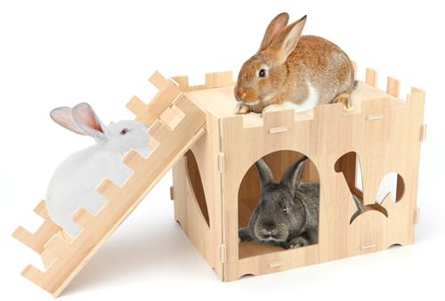 BWOGUE Extra großes Holz-Kaninchenschloss, Hasenhaus und Verstecke, abnehmbare kleine Tiere, Versteck für drinnen und draußen, für Erwachsene, Kaninchen, Meerschweinchen, Chinchilla, Lebensraum