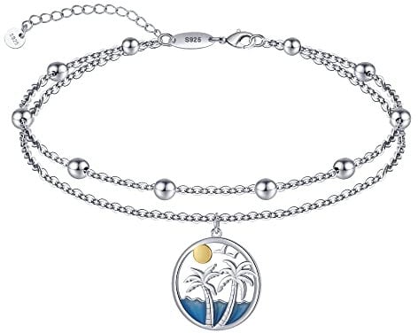 LINGBG JEWELRY Layered Anklet 925 Sterling Silver Palm Tree Ankle Bracelet Beach Anklet Flip-flop Anklet Adjustable Beach Ankle Mother's Day Jewelry for Women Friends, normal, Sterling Silver, no