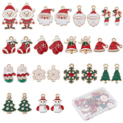 SUNNYCLUE 1 Box 28 Stück 14 Stil Emaille-Weihnachtsanhänger Weihnachtsbaum-Anhänger, Große Zuckerstangen-Anhänger Für Die Schmuckherstellung, Weihnachtshandschuh, Hut, Strass, Socken, Kranz, Schneeflo