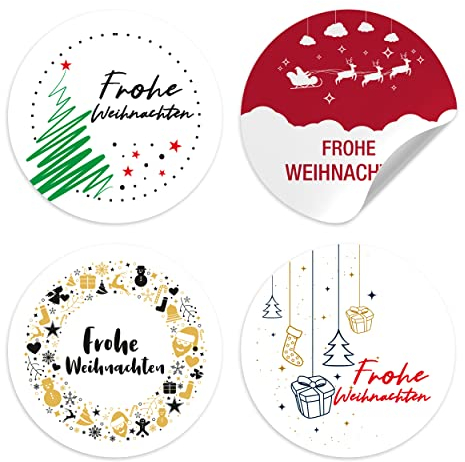 TOBJA® Aufkleber Weihnachten DE weiß - 96x Weihnachtsaufkleber für Geschenke in 4 Variationen | Sticker Set Frohe Weihnachten | 4 cm Etiketten rund