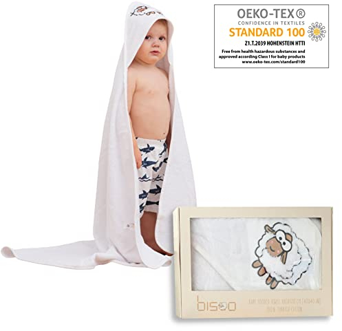 bisoo XL Kapuzenhandtuch Baby - Baby Handtuch mit Kapuze 100x100 cm - Großes Baby Badetuch für Neugeborene - Kaputzenhandtücher mit Stickerei von Schaf - 100% Baumwolle Oeko-Tex Zertifikat (Weiß)