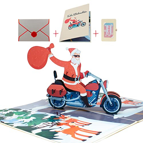 uniqHeart® Handgemachte 3D Pop-Up Weihnachts-Karte Santa Biker -inkl. edlem Wachs-Siegel und elegantem Geschenk-Umschlag - Motorrad-Fahrer - Weihnachts-Grüße für Männer - Xmas - Lustig