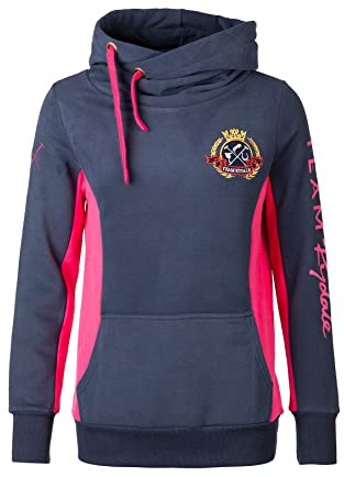 Rydale Ladies Cotton Hoody Women's Panel Style Hoody Overhead Cross Neck Embroidered Hooded Jumper Equestrian 3 Colours (Navy/Bonbon, 16)