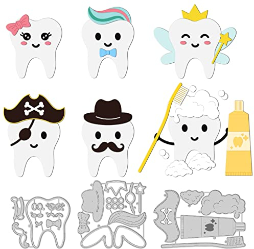 GLOBLELAND 3Pcs Tooth Fairy Cutting Dies Metal Tooth Pirates Die Cuts Embossing Stencils Template for Paper Card Making Decoration DIY Scrapbooking Album Craft Decor