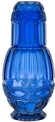 Bedside Water Carafe with Tumbler | 33-Ounce Pitcher and Matching Drinking Glass | Use Cup as a Lid for Carafe | For Guest Room, Nightstand, Office, or Gift | Blue | Elle Decor