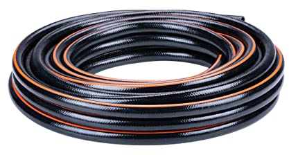 BLACK+DECKER Manguera de jardín de 15 metros – 13 mm – PVC resistente – riego de jardín, lavado de coche, relleno de piscina – Apto para cualquier grifo estándar – negro/naranja