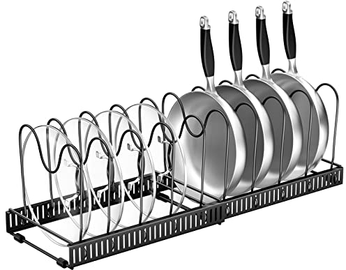 Fousenuk Organizador de Sartenes, Soporte Expandible de Cocina, Separador Ajustable con 10 Compartimentos, Estante Ollas, Sujeta Tapas de Metal (Negro)